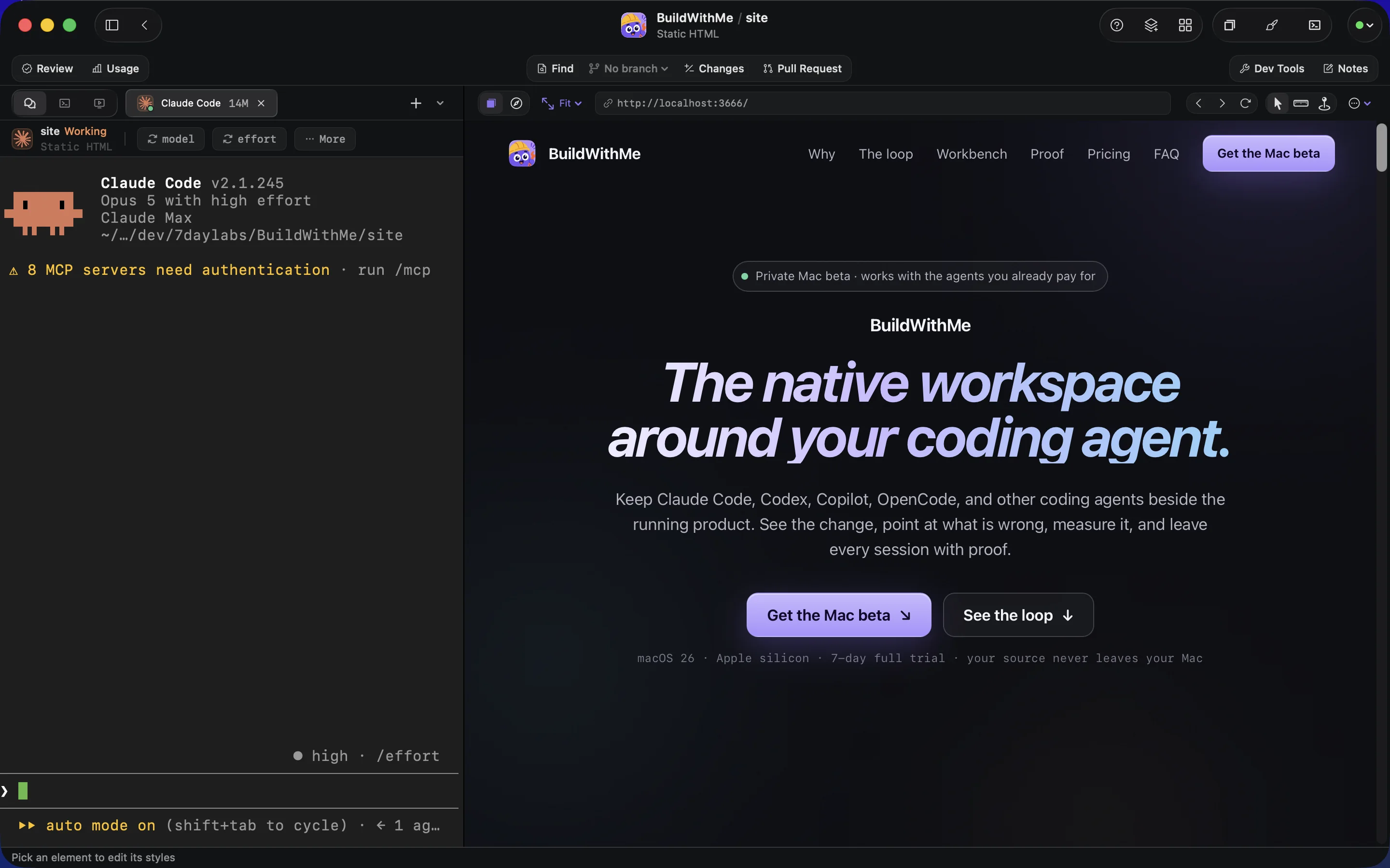BuildWithMe with the element picker armed over the live website