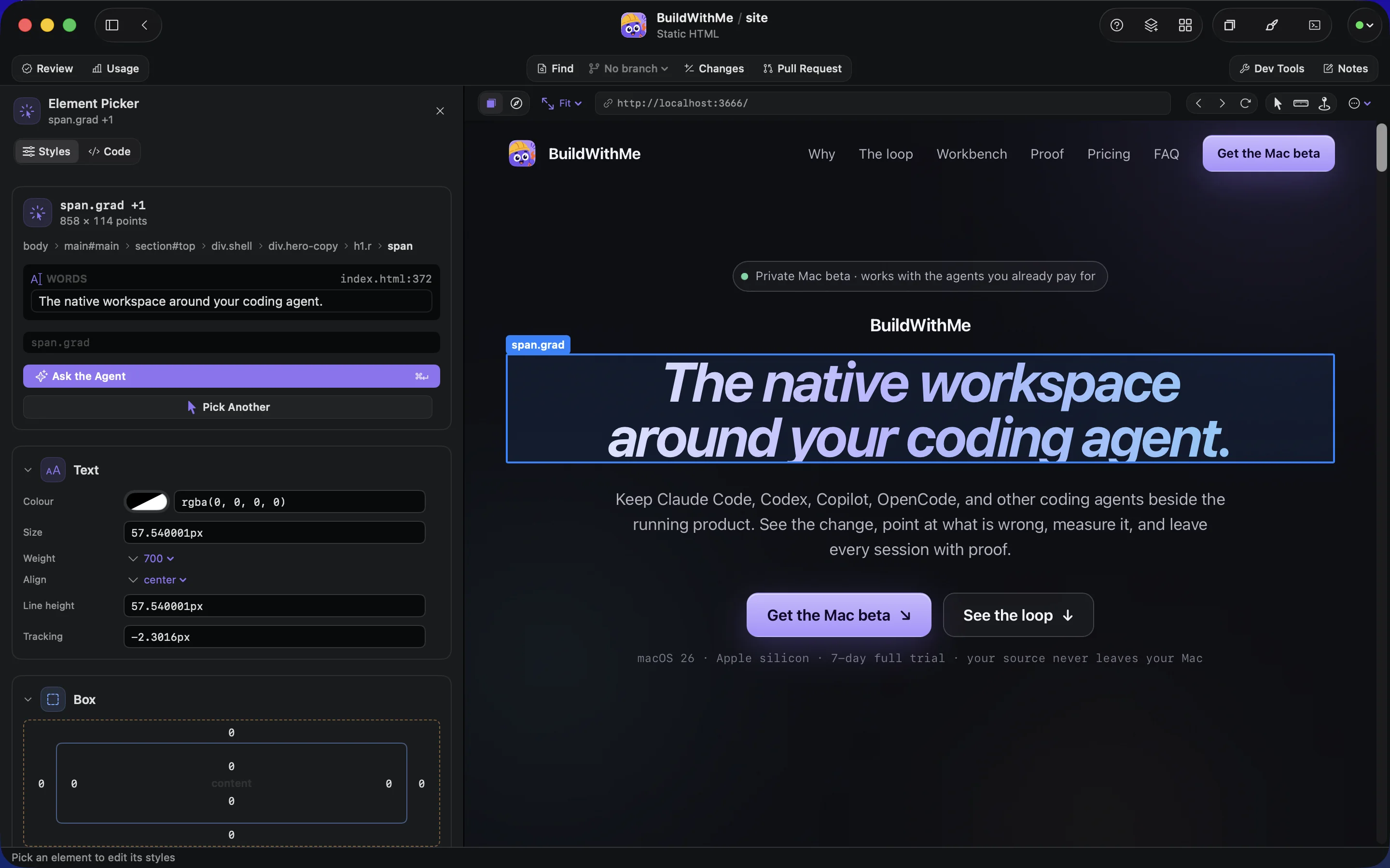 BuildWithMe after resolving the selected website headline to its source and computed layout